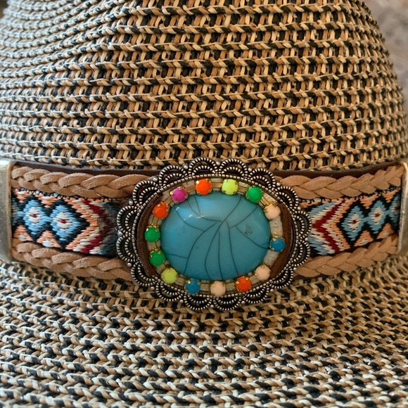 NWT COOL FASHION Brand Brown and tan adjustable hat w turquoise multi stone band - Picture 9 of 11